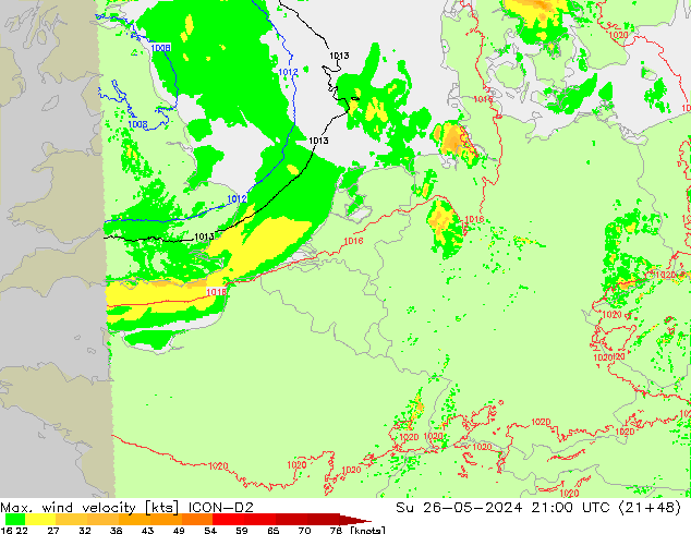 Max. wind velocity ICON-D2 Su 26.05.2024 21 UTC