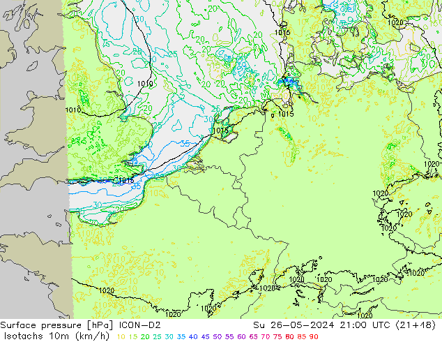 Isotachen (km/h) ICON-D2 So 26.05.2024 21 UTC