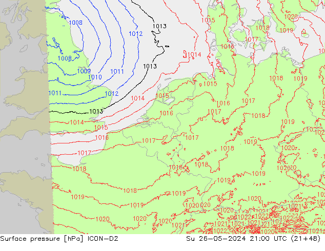 Surface pressure ICON-D2 Su 26.05.2024 21 UTC