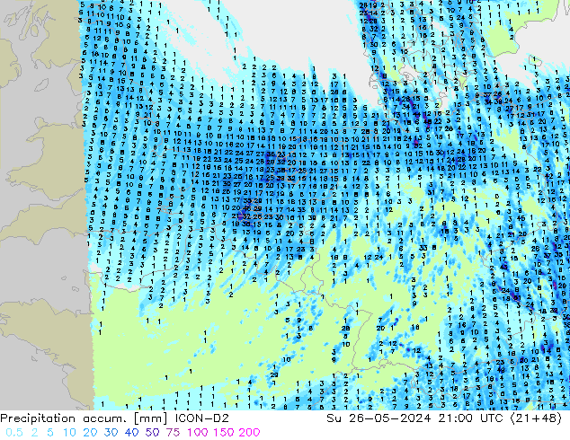 Precipitation accum. ICON-D2 Ne 26.05.2024 21 UTC