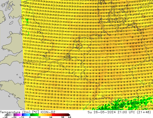 Sıcaklık Haritası (2m) ICON-D2 Paz 26.05.2024 21 UTC