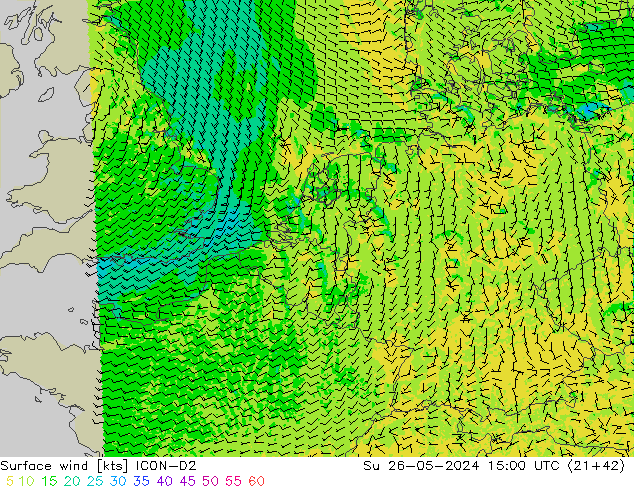 Surface wind ICON-D2 Su 26.05.2024 15 UTC