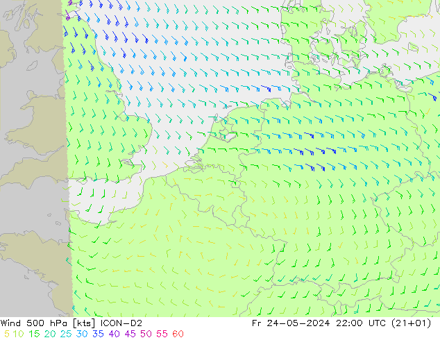 Rüzgar 500 hPa ICON-D2 Cu 24.05.2024 22 UTC