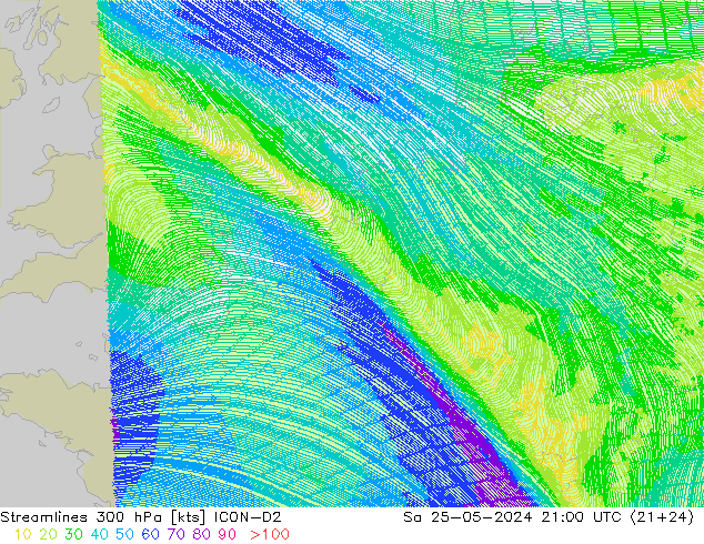 Stromlinien 300 hPa ICON-D2 Sa 25.05.2024 21 UTC