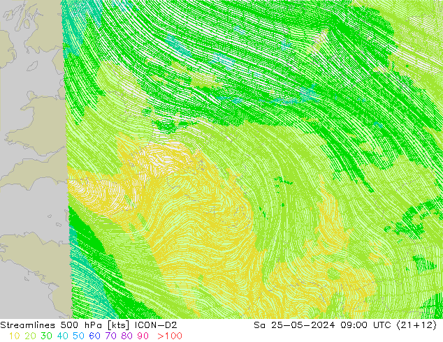 Stromlinien 500 hPa ICON-D2 Sa 25.05.2024 09 UTC