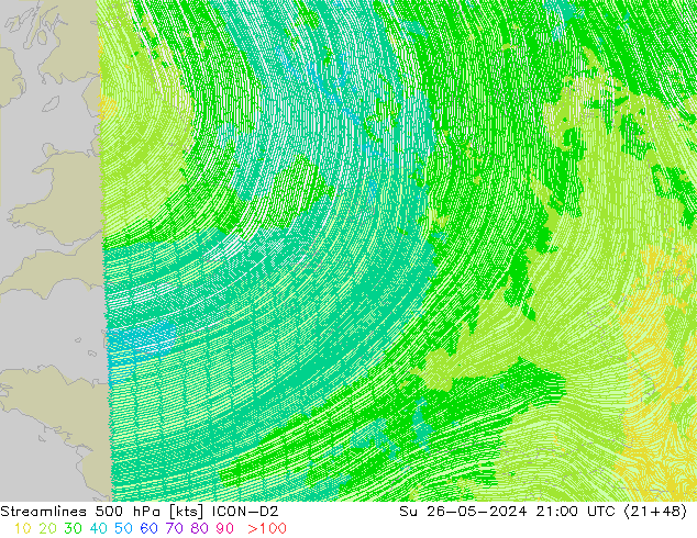 Stromlinien 500 hPa ICON-D2 So 26.05.2024 21 UTC