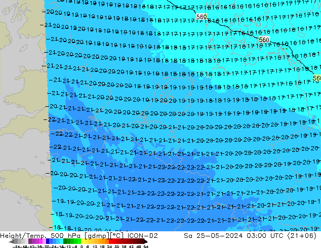 Height/Temp. 500 hPa ICON-D2 Sa 25.05.2024 03 UTC