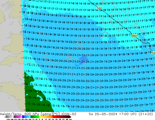 Height/Temp. 500 hPa ICON-D2 sab 25.05.2024 17 UTC