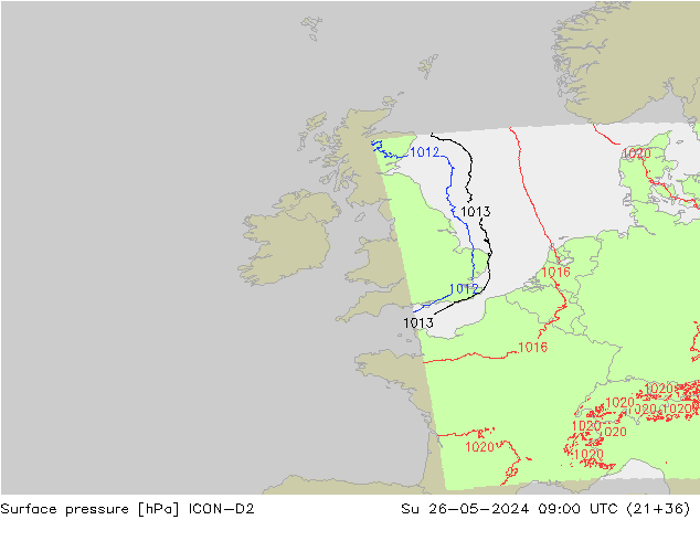 Pressione al suolo ICON-D2 dom 26.05.2024 09 UTC