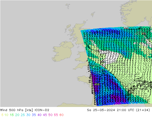 Rüzgar 500 hPa ICON-D2 Cts 25.05.2024 21 UTC