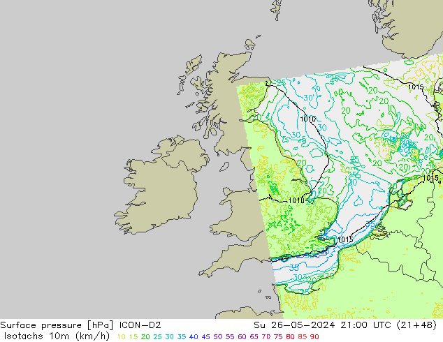 Isotaca (kph) ICON-D2 dom 26.05.2024 21 UTC