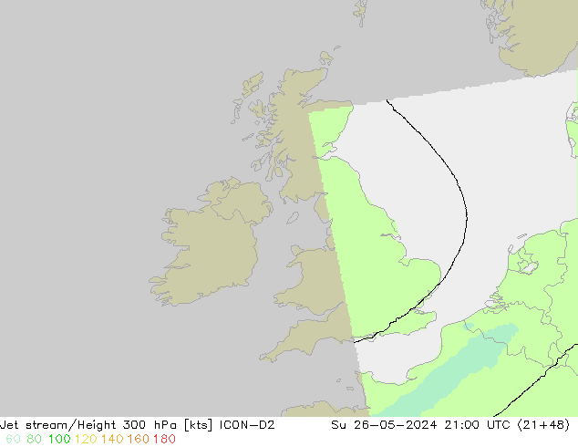 Corriente en chorro ICON-D2 dom 26.05.2024 21 UTC