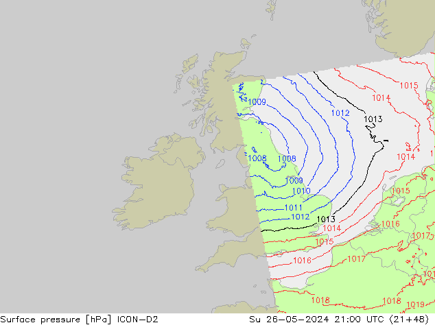 Luchtdruk (Grond) ICON-D2 zo 26.05.2024 21 UTC