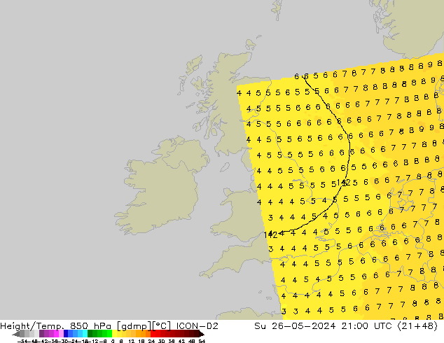 Height/Temp. 850 hPa ICON-D2 So 26.05.2024 21 UTC