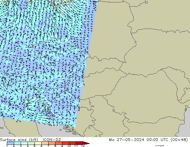 Viento 10 m (bft) ICON-D2 lun 27.05.2024 00 UTC