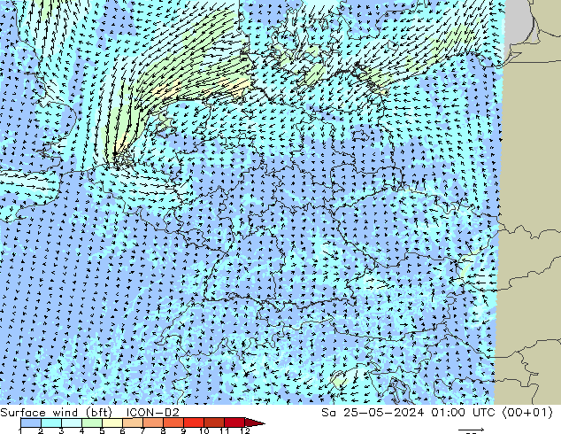 Surface wind (bft) ICON-D2 Sa 25.05.2024 01 UTC