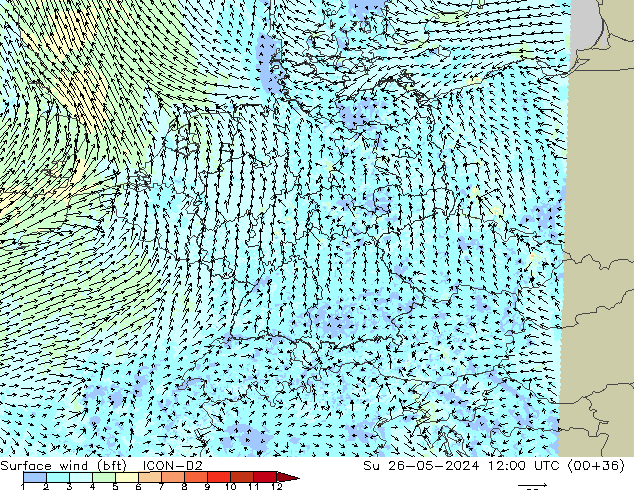 Surface wind (bft) ICON-D2 Su 26.05.2024 12 UTC