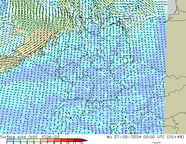 Surface wind (bft) ICON-D2 Mo 27.05.2024 00 UTC