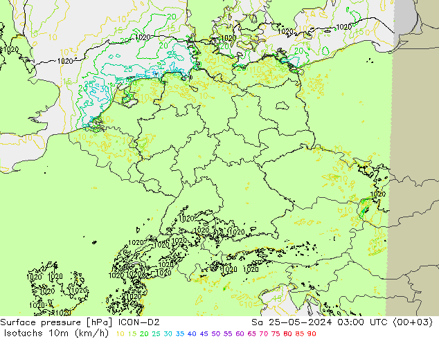 Isotachen (km/h) ICON-D2 za 25.05.2024 03 UTC