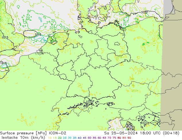 Izotacha (km/godz) ICON-D2 so. 25.05.2024 18 UTC