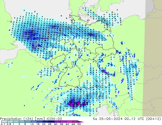 降水量 (12h) ICON-D2 星期六 25.05.2024 12 UTC