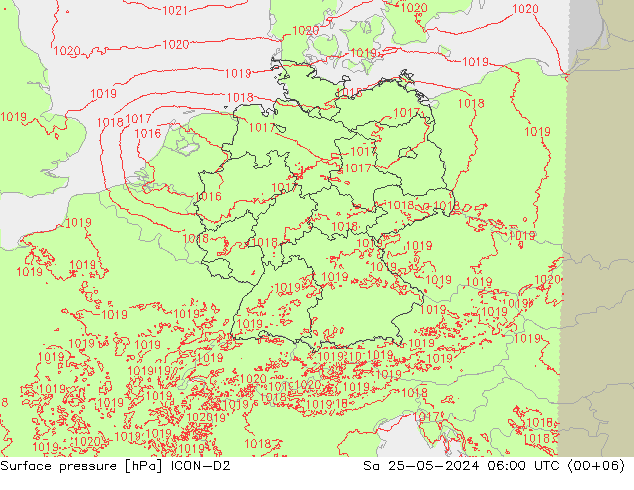 Presión superficial ICON-D2 sáb 25.05.2024 06 UTC