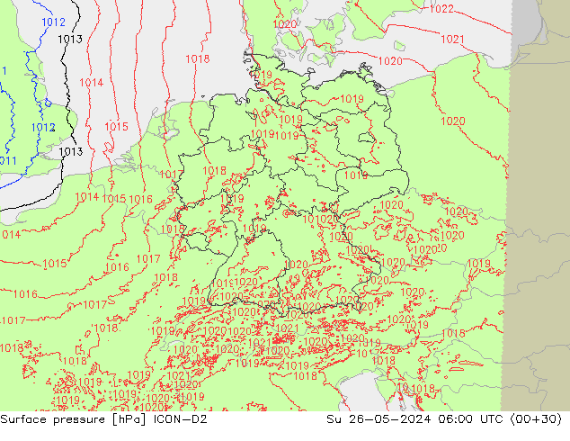 Pressione al suolo ICON-D2 dom 26.05.2024 06 UTC