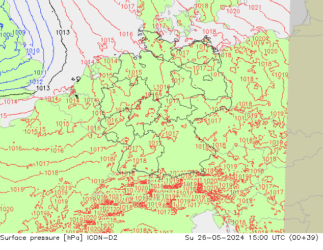 Luchtdruk (Grond) ICON-D2 zo 26.05.2024 15 UTC