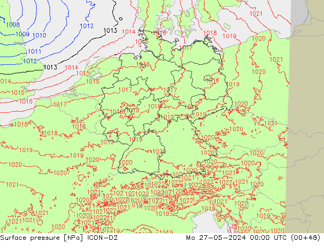 Presión superficial ICON-D2 lun 27.05.2024 00 UTC