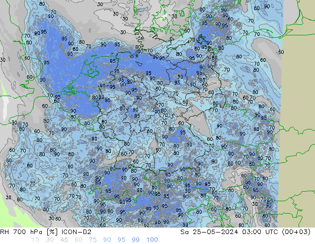 RH 700 hPa ICON-D2 Sáb 25.05.2024 03 UTC