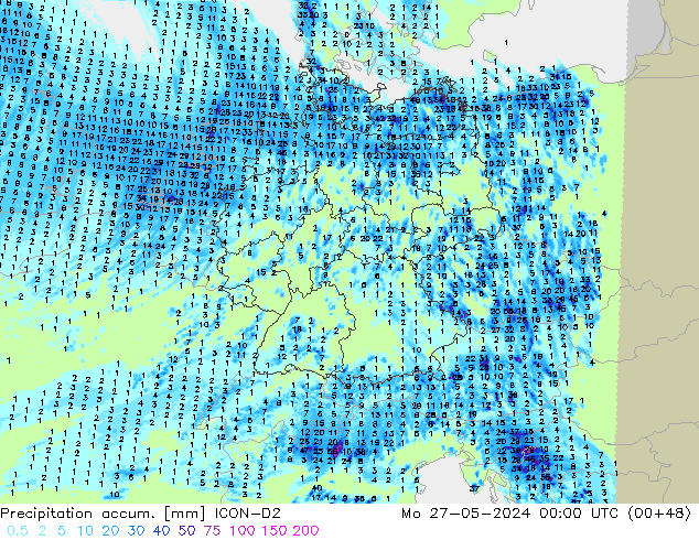 Precipitation accum. ICON-D2  27.05.2024 00 UTC