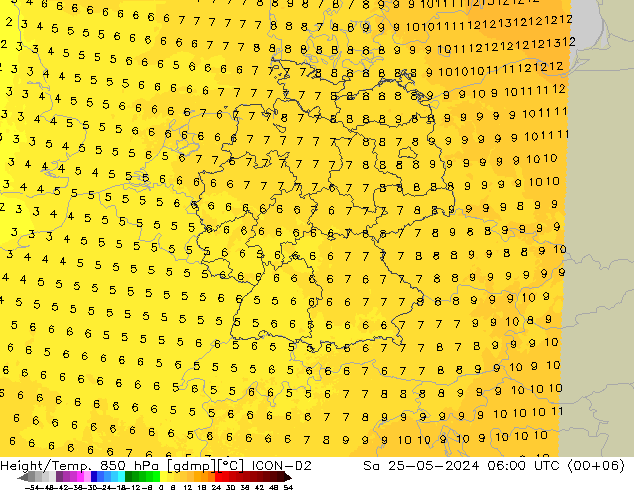 Height/Temp. 850 hPa ICON-D2 Sa 25.05.2024 06 UTC