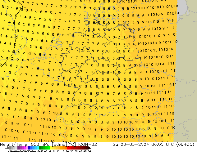 Geop./Temp. 850 hPa ICON-D2 dom 26.05.2024 06 UTC