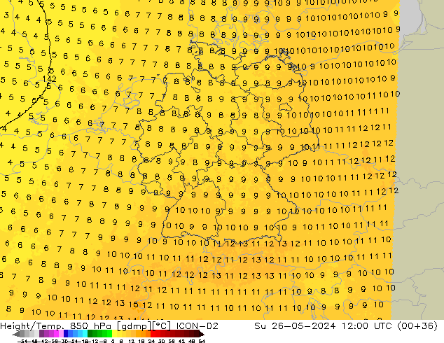 Height/Temp. 850 hPa ICON-D2 Su 26.05.2024 12 UTC