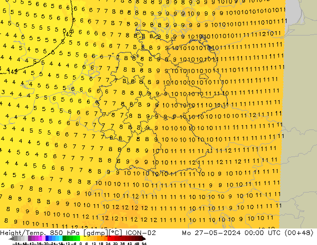 Géop./Temp. 850 hPa ICON-D2 lun 27.05.2024 00 UTC