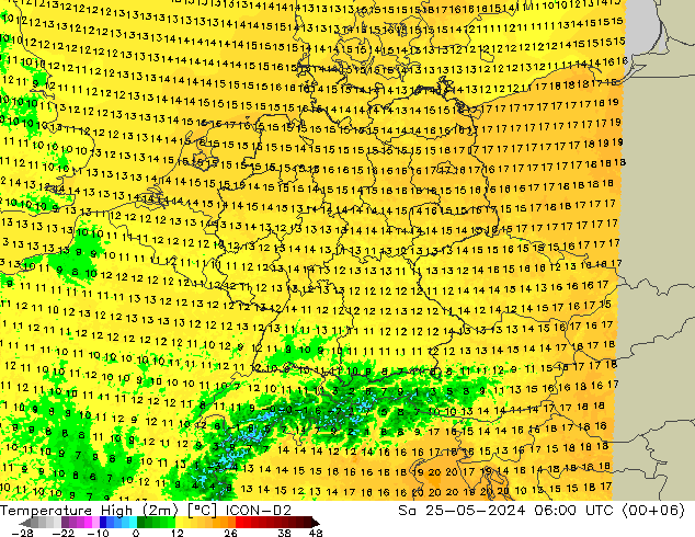 Max.temperatuur (2m) ICON-D2 za 25.05.2024 06 UTC