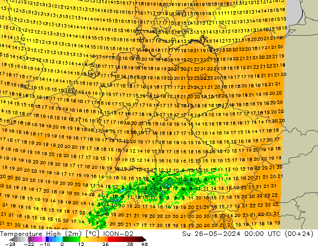 Temperature High (2m) ICON-D2 Su 26.05.2024 00 UTC