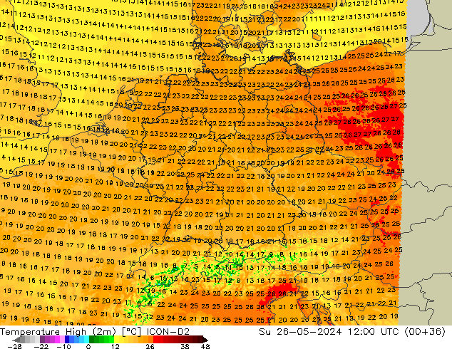 température 2m max ICON-D2 dim 26.05.2024 12 UTC