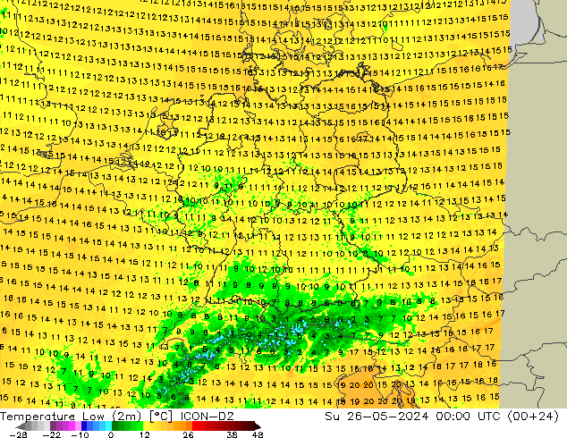 Temperature Low (2m) ICON-D2 Su 26.05.2024 00 UTC