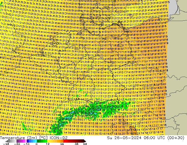 Temperature (2m) ICON-D2 Su 26.05.2024 06 UTC