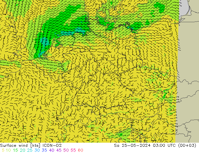 Wind 10 m ICON-D2 za 25.05.2024 03 UTC