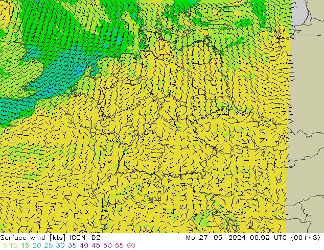 Surface wind ICON-D2 Mo 27.05.2024 00 UTC