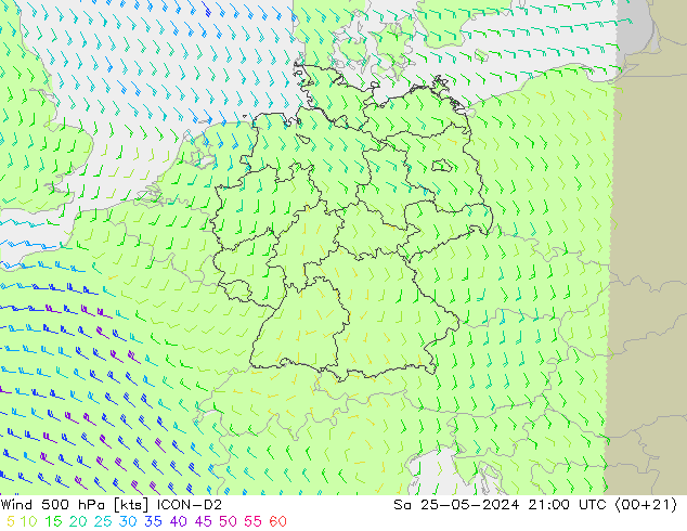 Rüzgar 500 hPa ICON-D2 Cts 25.05.2024 21 UTC
