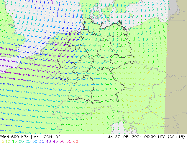 Rüzgar 500 hPa ICON-D2 Pzt 27.05.2024 00 UTC