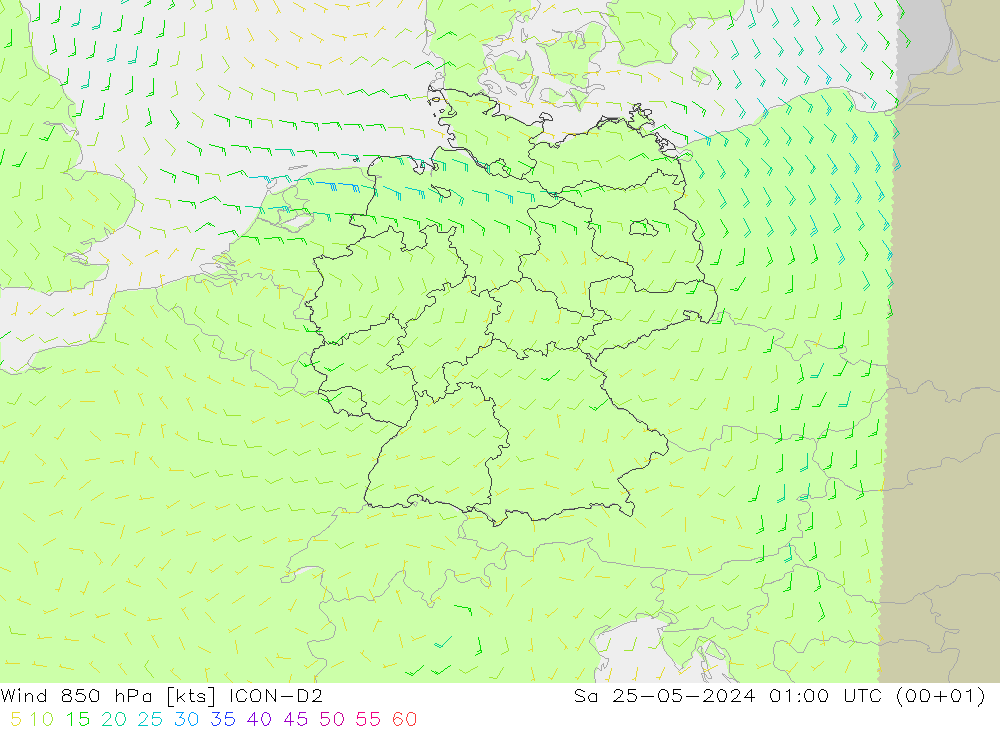 风 850 hPa ICON-D2 星期六 25.05.2024 01 UTC