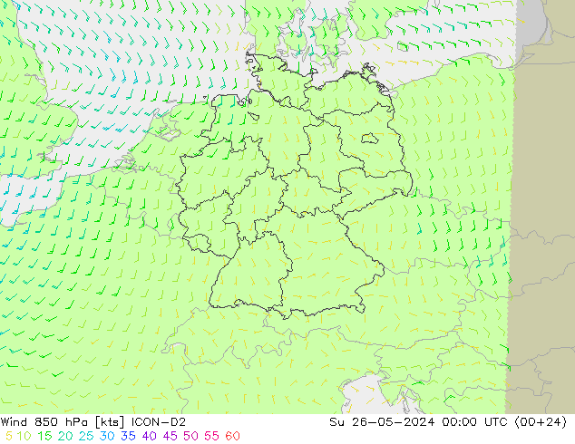 Vent 850 hPa ICON-D2 dim 26.05.2024 00 UTC