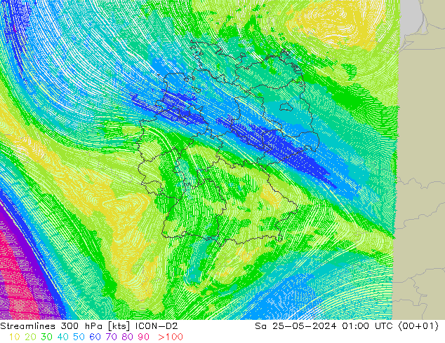 Streamlines 300 hPa ICON-D2 Sa 25.05.2024 01 UTC