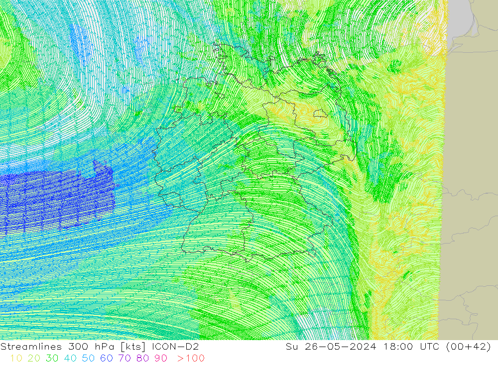 Stroomlijn 300 hPa ICON-D2 zo 26.05.2024 18 UTC