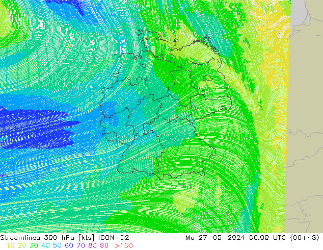 Streamlines 300 hPa ICON-D2 Po 27.05.2024 00 UTC