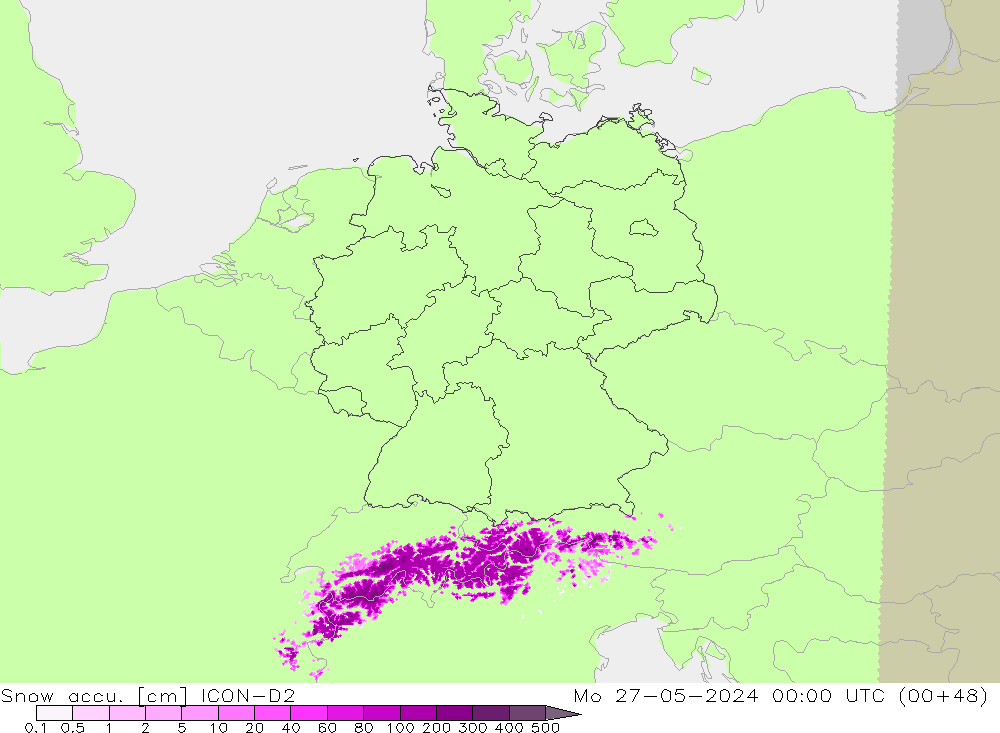 Snow accu. ICON-D2 Mo 27.05.2024 00 UTC